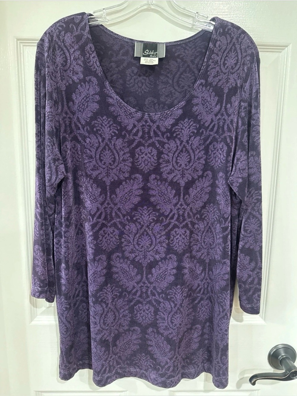 Slinky Brand Women's L 3/4 Sleeve Tunic Top Purple Damask Print Whimsigoth Artsy